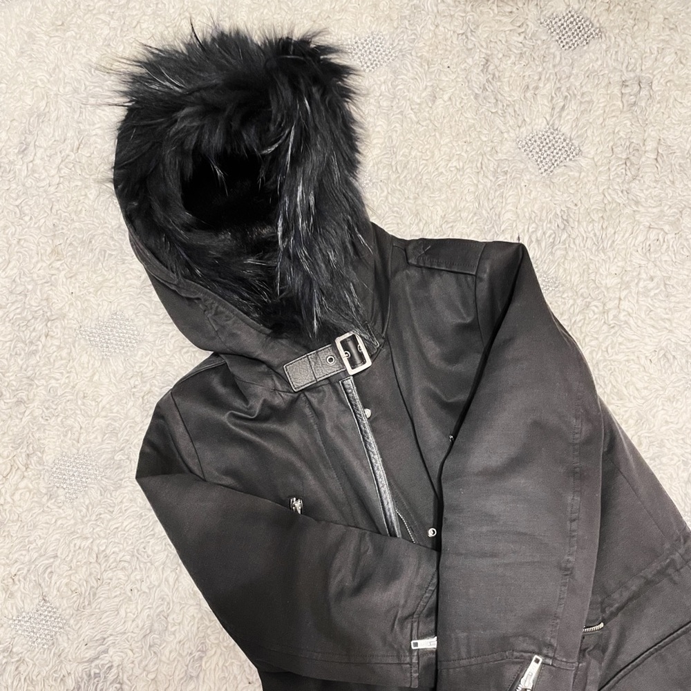 Maje Gafety Faux Fur-Trimmed Cotton-Blend Twill Coat in Black Sz 40 (L)